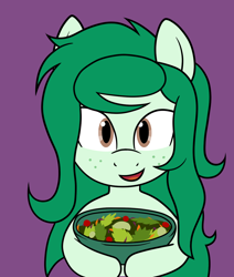 Size: 952x1125 | Tagged: safe, artist:scraggleman, derpibooru import, wallflower blush, earth pony, pony, cute, equestria girls ponified, flowerbetes, food, freckles, holding, looking at you, ponified, purple background, salad, simple background, smiling, solo