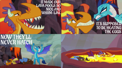 Size: 2000x1125 | Tagged: safe, derpibooru import, edit, edited screencap, editor:quoterific, screencap, billy (dragon), fume, princess ember, spear (dragon), dragon, sweet and smoky, angry, caption, clump, comic, dragoness, female, gritted teeth, lava, male, open mouth, text, this will end in death