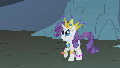 Size: 120x68 | Tagged: safe, screencap, rarity, pony, unicorn, dragonshy, 16 bits, cave, crown, female, frightened, gem, gem cave, gemstones, jewelry, low quality, lowres, picture for breezies, pixelated, purple mane, raised hoof, regalia, solo, white coat