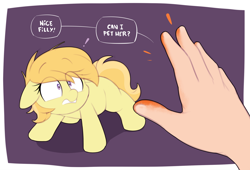 Size: 2268x1538 | Tagged: safe, artist:shinodage, noi, earth pony, human, pony, abstract background, cheeto dust, dialogue, do not want, exclamation point, female, filly, hand, imminent non-consensual petting, offscreen character, solo focus