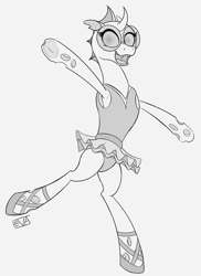 Size: 4000x5500 | Tagged: safe, artist:evan555alpha, ponybooru exclusive, oc, oc only, oc:yvette (evan555alpha), changeling, evan's daily buggo, armpits, balancing, ballerina, ballet, ballet slippers, changeling oc, dancing, dorsal fin, fangs, female, glasses, happy, hidden tail, leotard, monochrome, on one hoof, on one leg, open mouth, raised hoof, round glasses, signature, simple background, sketch, solo, tongue, tutu, underhoof, white background