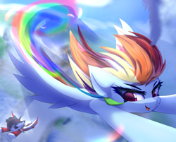 Size: 2137x1722 | Tagged: safe, artist:jfrxd, rainbow dash, oc, oc:jfrxd, bat pony, pegasus, pony, bat pony oc, bat wings, cheek fluff, female, flying, male, mare, open mouth, photo, race, rainbow, rainbow trail, smiling, spread wings, stallion, wings