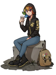 Size: 900x1200 | Tagged: safe, artist:asimos, rainbow dash, human, bag, beverage, block, boots, clothes, cup, female, hoodie, humanized, pants, shoes, simple background, sitting, solo, white background