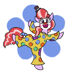 Size: 563x584 | Tagged: safe, artist:jargon scott, derpibooru import, oc, oc only, oc:clown pony, earth pony, pony, clown, clown makeup, clown nose, female, happy, hat, mare, open mouth, simple background, solo, standing, standing on one leg, tiny hat, top hat, white background