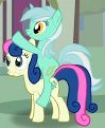Size: 396x484 | Tagged: safe, derpibooru import, bon bon, lyra heartstrings, sweetie drops, earth pony, pony, unicorn, female, needs more jpeg, out of context, ponies riding ponies, ride, riding