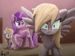 Size: 1600x1200 | Tagged: safe, artist:raphaeldavid, derpibooru import, amethyst star, derpy hooves, dinky hooves, sparkler, pegasus, pony, unicorn, angry, female, filly, mare, once upon a time in canterlot, protecting, spread wings, underp, wings
