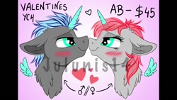 Size: 1280x720 | Tagged: safe, artist:julunis14, derpibooru import, any gender, bedroom eyes, blushing, commission, cute, heart, holiday, licking, mlem, silly, tongue out, valentine's day, watermark, your character here
