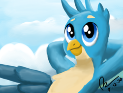 Size: 1600x1200 | Tagged: safe, artist:raphaeldavid, derpibooru import, gallus, griffon, cloud, smiling, solo