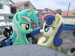 Size: 4608x3456 | Tagged: safe, artist:raphaeldavid, derpibooru import, bon bon, lyra heartstrings, sweetie drops, earth pony, pony, unicorn, female, irl, lesbian, lidded eyes, lyrabon, photo, shipping, smiling