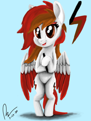 Size: 3456x4608 | Tagged: safe, artist:raphaeldavid, derpibooru import, oc, oc only, oc:crimson trace, pegasus, pony, bipedal, looking at you, pen, smiling, solo, spread wings, wings