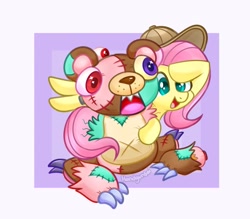 Size: 1483x1299 | Tagged: safe, artist:handgunboi, derpibooru import, fluttershy, pegasus, pony, claws, heterochromia, patch, sharp teeth, simple background, teddy bear, teeth