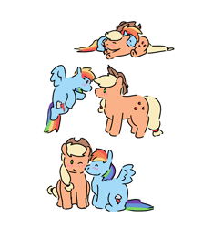 Size: 3000x3200 | Tagged: safe, artist:applejackofalltrades, derpibooru import, applejack, rainbow dash, earth pony, pegasus, pony, appledash, cute, doodle, female, flying, kiss on the cheek, kissing, lesbian, shipping, simple, sleeping, snuggling