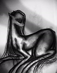 Size: 1280x1647 | Tagged: safe, artist:luted, derpibooru import, earth pony, blank flank, eyes closed, female, mare, monochrome, solo