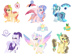 Size: 1280x972 | Tagged: safe, artist:just-silvushka, derpibooru import, oc, oc only, alicorn, earth pony, hybrid, pegasus, pony, unicorn, bandana, base used, bow, cloak, clothes, colored wings, cutie mark, dress, female, hair bow, hat, interspecies offspring, magical lesbian spawn, mare, multicolored wings, offspring, parent:applejack, parent:big macintosh, parent:caramel, parent:fluttershy, parent:mistmane, parent:pinkie pie, parent:princess celestia, parent:princess skystar, parent:rainbow dash, parent:rarity, parent:star swirl the bearded, parent:twilight sparkle, parents:carajack, parents:dashlestia, parents:fluttermac, parents:rarimane, parents:skypie, parents:twiswirl, peytral, rainbow wings, simple background, spread wings, tail bow, transparent background, unshorn fetlocks, wings, wizard hat, wizard robe