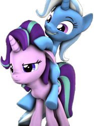 Size: 431x576 | Tagged: safe, artist:flushthebatsanta, derpibooru import, starlight glimmer, trixie, pony, unicorn, 3d, cropped, ears, female, floppy ears, inconvenient trixie, mare, ponies riding ponies, riding, simple background, starlight is not amused, transparent background, trixie riding starlight, unamused