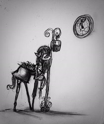 Size: 1936x2309 | Tagged: safe, artist:luted, derpibooru import, pegasus, pony, clock, creepy, hospital gown, iv bag, monochrome, solo, traditional art