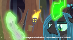 Size: 701x391 | Tagged: safe, derpibooru import, screencap, mean twilight sparkle, queen chrysalis, changeling, changeling queen, cute, cutealis, dialogue, former queen chrysalis, implied cupcakes, implied mean twilight sparkle, implied twilight sparkle, log, loser