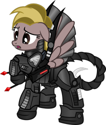 Size: 2826x3340 | Tagged: safe, artist:lincolnbrewsterfan, derpibooru exclusive, derpibooru import, oc, oc only, oc:spirestone, pegasus, pony, fallout equestria, fallout equestria: project horizons, .svg available, armor, base used, black, concerned, dart, dart launcher, enclave, enclave armor, fanfic art, female, insignia, mare, orange (color), pegasus oc, raised hoof, red, scorpion tail, simple background, solo, solo female, svg, transparent background, vector, wings
