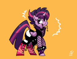 Size: 1024x784 | Tagged: safe, artist:blackdog-stuff, derpibooru import, twilight sparkle, twilight sparkle (alicorn), alicorn, pony, alternate hairstyle, boots, clothes, female, fishnet clothing, fishnet stockings, mare, punklight sparkle, shoes, solo, spiked wristband, wristband