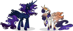 Size: 5623x2381 | Tagged: safe, artist:helenosprime, derpibooru import, oc, oc:king cosmos, oc:queen galaxia, alicorn, alicorn oc, celestia and luna's father, celestia and luna's mother, crown, ethereal mane, female, horn, jewelry, male, mare, raised hoof, regalia, simple background, stallion, transparent background, wings