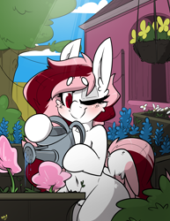 Size: 2550x3300 | Tagged: safe, artist:bbsartboutique, derpibooru import, bluebonnet, daisy, oc, oc:toricelli, pegasus, pony, barn, blushing, cheek fluff, chest fluff, clothes line, complex background, fluffy, foliage, one eye closed, pegasus oc, shading, solo, tree, tulip, watering can, wings