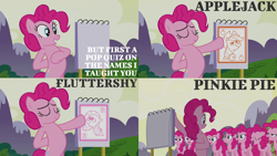 Size: 2000x1125 | Tagged: safe, derpibooru import, edit, edited screencap, editor:quoterific, screencap, applejack, fluttershy, pinkie pie, earth pony, pegasus, pony, too many pinkie pies, bipedal, clone, clones, eyes closed, hoof on chest, open mouth, pinkie clone