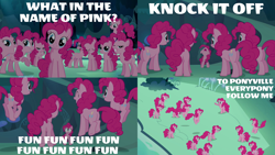 Size: 2000x1125 | Tagged: safe, derpibooru import, edit, edited screencap, editor:quoterific, screencap, pinkie pie, earth pony, pony, too many pinkie pies, clone, clones, eyes closed, gritted teeth, multeity, nose in the air, open mouth, pinkie clone, too much pink energy is dangerous