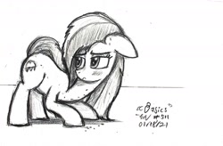 Size: 1856x1216 | Tagged: safe, artist:johnerose126, derpibooru import, oc, oc:claire denim, ears, female, floppy ears, mare, monochrome, sketch, solo, traditional art