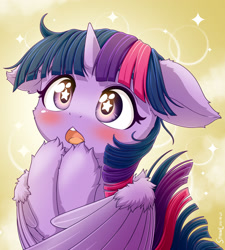 Size: 1920x2134 | Tagged: safe, artist:symbianl, derpibooru import, twilight sparkle, twilight sparkle (alicorn), alicorn, pony, abstract background, blushing, bust, cheek fluff, cute, ear fluff, ears, female, floppy ears, leg fluff, mare, open mouth, solo, starry eyes, twiabetes, weapons-grade cute, wing fluff, wingding eyes