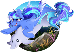 Size: 1280x897 | Tagged: safe, artist:woonborg, derpibooru import, oc, oc only, dolphin, seapony (g4), blue eyes, bubble, chest fluff, commission, coral, coral reef, ear fluff, ears, eyelashes, fin wings, fish tail, flowing mane, ocean, open mouth, smiling, solo, swimming, tail, underwater, water, wings