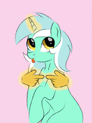 Size: 1000x1333 | Tagged: source needed, safe, artist:kusturbrick, derpibooru import, lyra heartstrings, pony, unicorn, cute, female, glowing horn, hand, horn, looking back, lyrabetes, magic, magic hands, mare, pink background, pointing, simple background, sitting, solo, that pony sure does love hands, that pony sure does love humans, tongue out