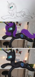 Size: 1984x4302 | Tagged: safe, artist:epicrainbowcrafts, derpibooru import, oc, oc only, oc:nyx, alicorn, pony, adult, alicorn oc, female, horn, irl, mare, photo, plushie, sketch, wings, wip