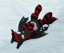 Size: 3000x2500 | Tagged: safe, artist:keupoz, derpibooru import, oc, oc only, oc:shadow sky, bat pony, bat pony oc, bat wings, bed, bondage, clothes, lying down, lying on bed, on bed, socks, striped socks, tongue out, wings