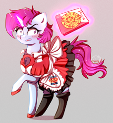 Size: 2004x2193 | Tagged: safe, artist:1fresita, derpibooru import, oc, pony, unicorn, clothes, female, food, magic, maid, mare, pizza, solo