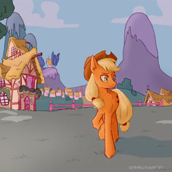 Size: 4724x4724 | Tagged: safe, artist:shallowwin, derpibooru import, applejack, earth pony, pony, applejack's hat, building, cowboy hat, female, fence, freckles, hat, house, mare, ponyville, raised hoof, raised leg, solo, tree