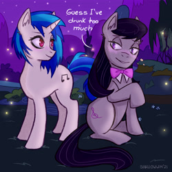 Size: 4134x4134 | Tagged: safe, artist:shallowwin, derpibooru import, dj pon-3, octavia melody, vinyl scratch, earth pony, firefly (insect), insect, pony, unicorn, blushing, bowtie, drunk, female, lesbian, looking at each other, mare, night, raised hoof, scratchtavia, shipping, sitting, stars