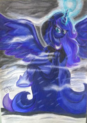 Size: 443x623 | Tagged: safe, artist:shadowingartist, derpibooru import, princess luna, alicorn, pony, cape, clothes, hearth's warming eve, magic, magic aura, moon, snow, solo, spread wings, wings, winter