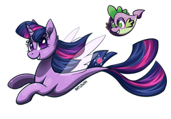 Size: 2269x1575 | Tagged: safe, artist:ratlovera, derpibooru import, spike, twilight sparkle, twilight sparkle (alicorn), alicorn, fish, seapony (g4), my little pony: the movie, female, fin wings, fish tail, flowing mane, flowing tail, green eyes, horn, male, puffer fish, purple eyes, seaponified, seapony twilight, simple background, smiling, species swap, spike the pufferfish, tail, transparent background, wings