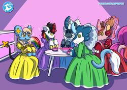 Size: 4092x2893 | Tagged: safe, artist:trap-diaper, derpibooru import, oc, oc only, anthro, kirin, pony, bow, braid, clothes, dress, hair bow, indoors, kirin oc, multicolored hair, pokémon, ponified, rainbow hair, shinx, sitting, smiling, table, teapot