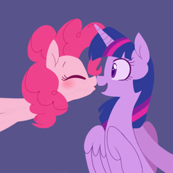 Size: 768x768 | Tagged: artist needed, safe, derpibooru import, pinkie pie, twilight sparkle, twilight sparkle (alicorn), alicorn, earth pony, pony, blue background, blushing, boop, cute, diapinkes, female, happy, kissing, lesbian, mare, noseboop, open mouth, shipping, simple background, twiabetes, twinkie