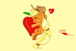 Size: 909x613 | Tagged: safe, artist:@cameron, derpibooru exclusive, derpibooru import, applejack, earth pony, pony, apple, cute, food, hat, heart, hugging an apple, jackabetes