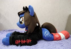 Size: 2000x1372 | Tagged: safe, artist:lanacraft, derpibooru import, earth pony, pony, bring me the horizon, clothes, commission, drop dead clothing, equestria girls ponified, hoodie, irl, life size, lying down, male, oliver sykes, photo, plushie, ponified, prone, shirt, socks, solo, sonic the hedgehog (series), stallion, tattoo, undershirt