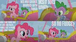 Size: 2000x1125 | Tagged: safe, derpibooru import, edit, edited screencap, editor:quoterific, screencap, pinkie pie, spike, dragon, earth pony, pony, fall weather friends, confused, female, lip bite, male, microphone, open mouth