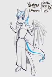 Size: 1378x2039 | Tagged: safe, artist:ero-bee, derpibooru import, oc, oc only, oc:cold front, anthro, pegasus, unguligrade anthro, alcohol, clothes, crossdressing, dress, glass, grin, high heels, male, no hooves, partial color, pegasus oc, shoes, signature, simple background, smiling, solo, wine, wine glass, wings