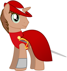 Size: 1108x1184 | Tagged: safe, alternate version, artist:amgiwolf, derpibooru import, oc, oc only, oc:heroic armour, pony, unicorn, background removed, clothes, hat, horn, looking back, male, simple background, smiling, solo, stallion, sword, transparent background, unicorn oc, weapon