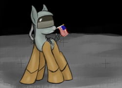 Size: 693x498 | Tagged: safe, artist:ahorseofcourse, ponerpics import, oc, oc only, pony, robot, american flag, lunar lander, moon, moon landing, mouth hold, ponified, solo