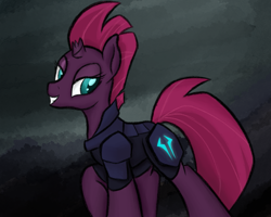 Size: 1375x1100 | Tagged: safe, artist:ahorseofcourse, ponerpics import, tempest shadow, pony, unicorn, armor, broken horn, eye scar, female, horn, lidded eyes, looking back, mare, scar, smiling, solo, storm king armor
