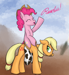Size: 1397x1534 | Tagged: safe, artist:ahorseofcourse, ponerpics import, applejack, pinkie pie, earth pony, pony, annoyed, clothes, cowprint, ponies riding ponies, rawhide (song), riding, socks
