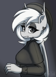 Size: 622x854 | Tagged: safe, artist:puetsua, derpibooru import, oc, oc:chalk white, anthro, bat pony, bat pony oc, bat wings, beret, breasts, clothes, ear fluff, ear piercing, ears, female, gray background, gray coat, gray eyes, hand, heart, lidded eyes, looking at you, mare, simple background, slit eyes, stoic, unobtrusive watermark, watermark, white mane