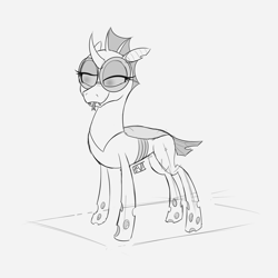 Size: 4000x4000 | Tagged: safe, artist:evan555alpha, ponybooru exclusive, oc, oc only, oc:yvette (evan555alpha), changeling, evan's daily buggo, changeling oc, dorsal fin, fangs, female, forked tongue, glasses, lidded eyes, raised eyebrow, round glasses, signature, simple background, sketch, smug, solo, standing, thinking, tongue out, white background